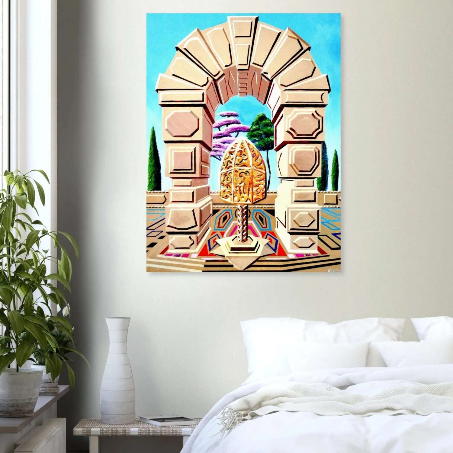 Surreal digital artwork by Eldor Art – Matte print from the Eldorart collection featuring golden sculpture and geometric arches