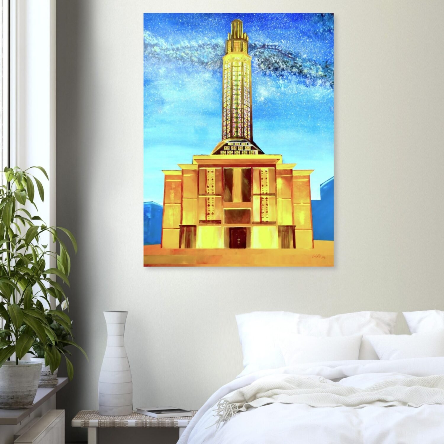 Nighttime architectural artwork by Eldor Art – Matte print from the Eldorart collection featuring Le Havre tower under a starry sky