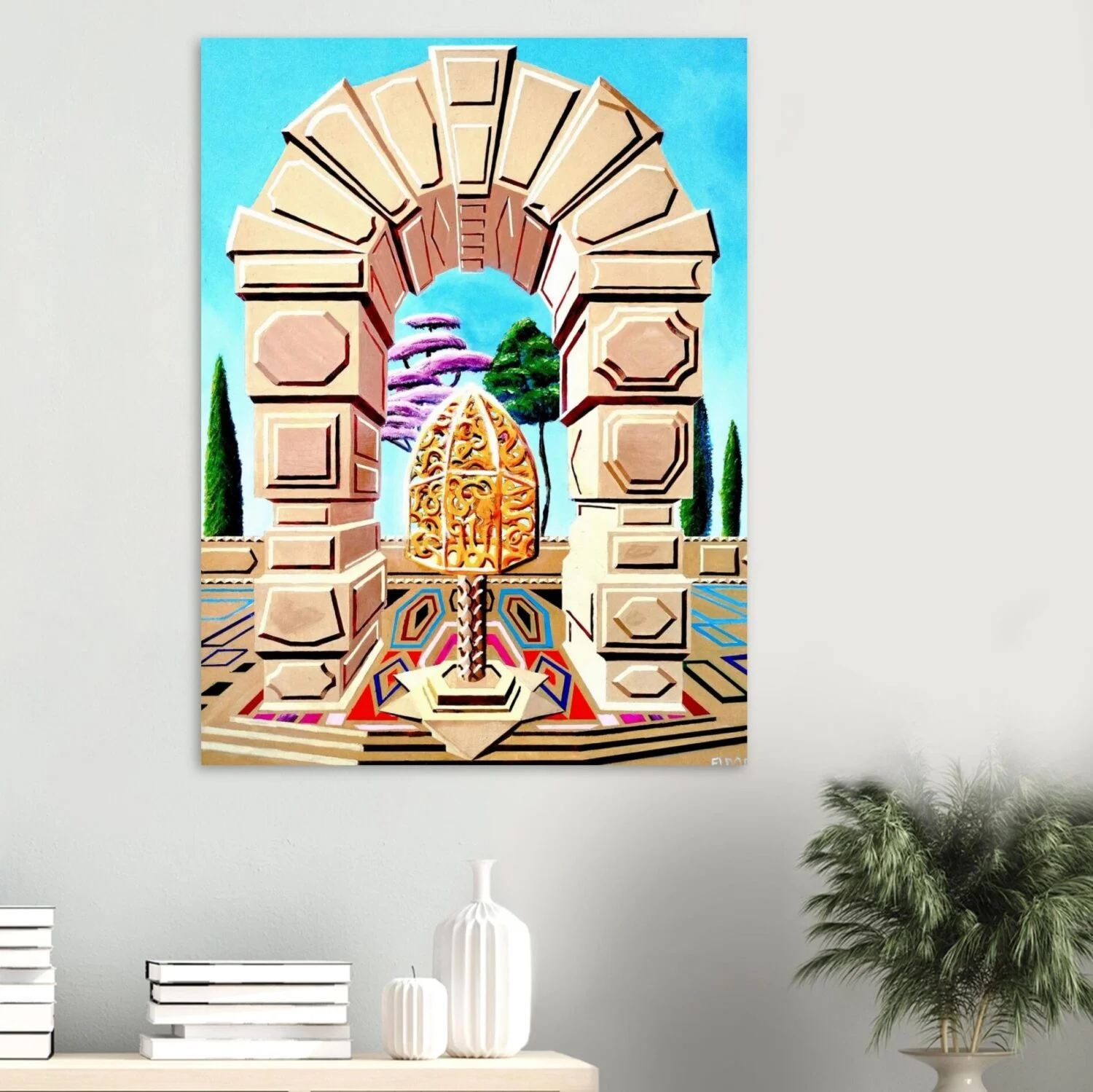 Surreal digital artwork by Eldor Art – Matte print from the Eldorart collection featuring golden sculpture and geometric arches