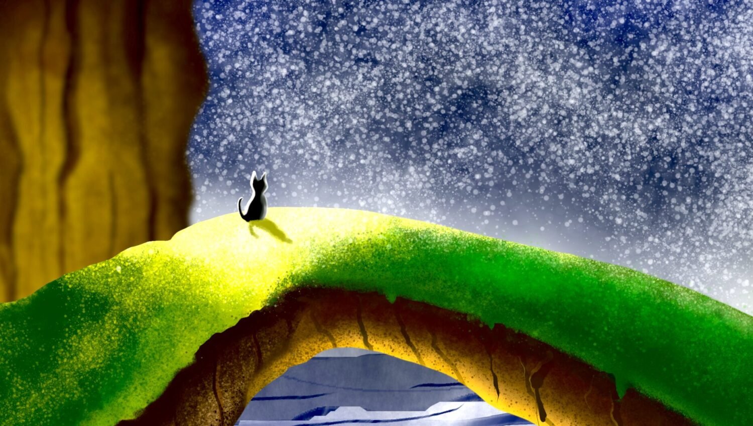 Surreal digital painting of a cat on a grassy bridge printed on matte paper by Eldor Art