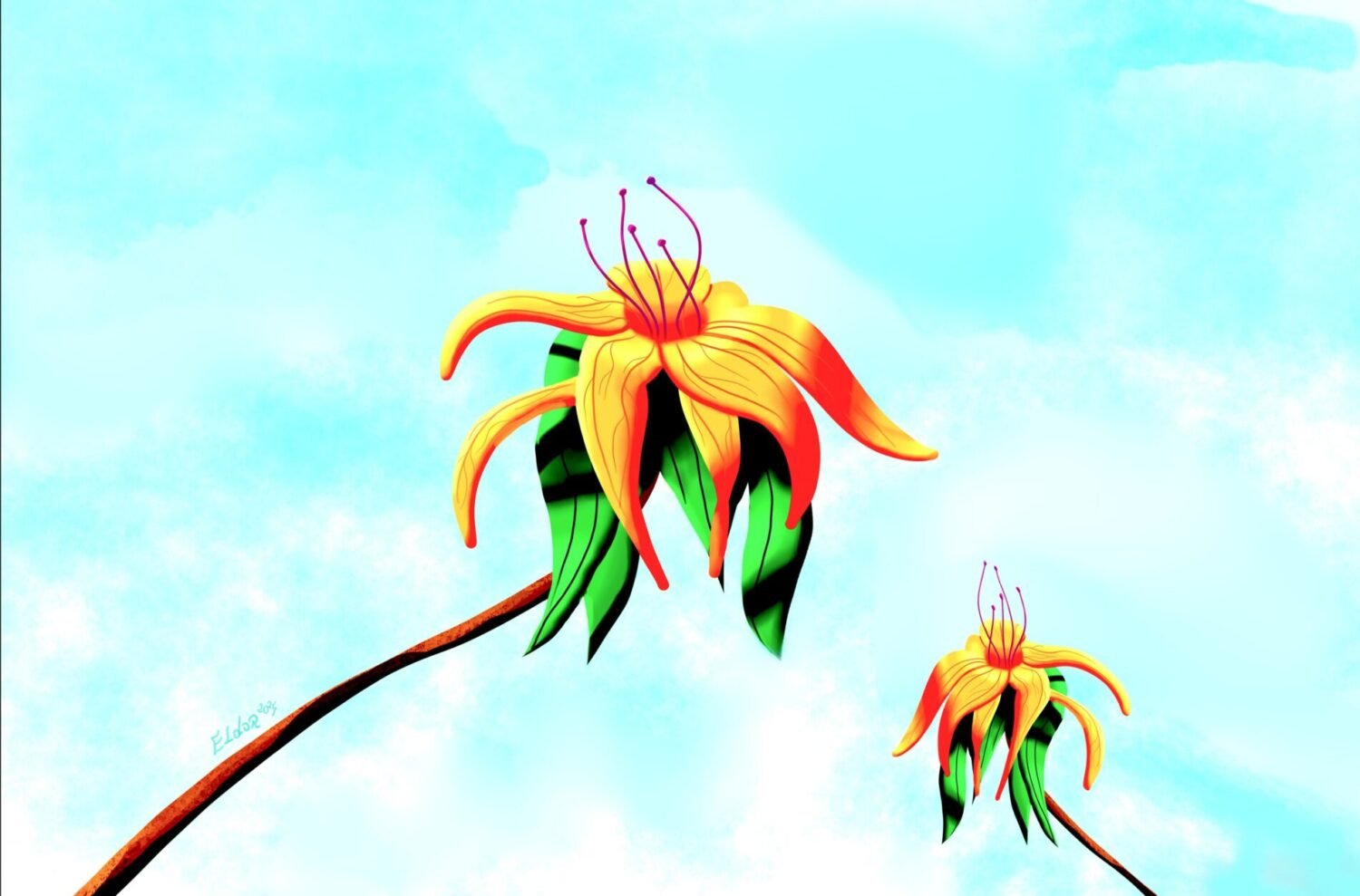 Floral digital artwork by Eldor Art – Matte print from the Eldorart collection featuring skyward lilies and pastel skies