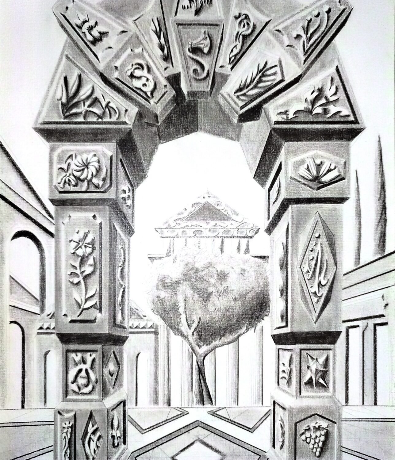 Greco-Roman architectural pencil drawing by Eldor Art, A3 format on 180 gsm paper. Features a detailed archway with floral carvings and classical elements.