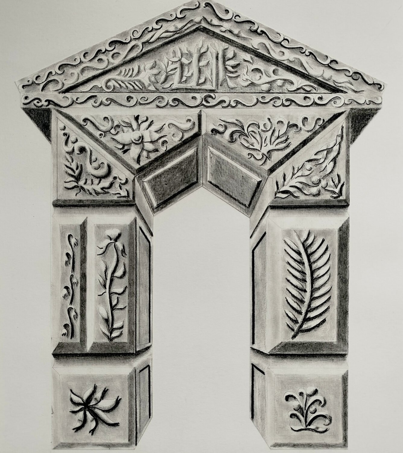 A3 pencil drawing by Eldor Art featuring an ornate architectural arch with botanical carvings. Layered for relief effect. Signed