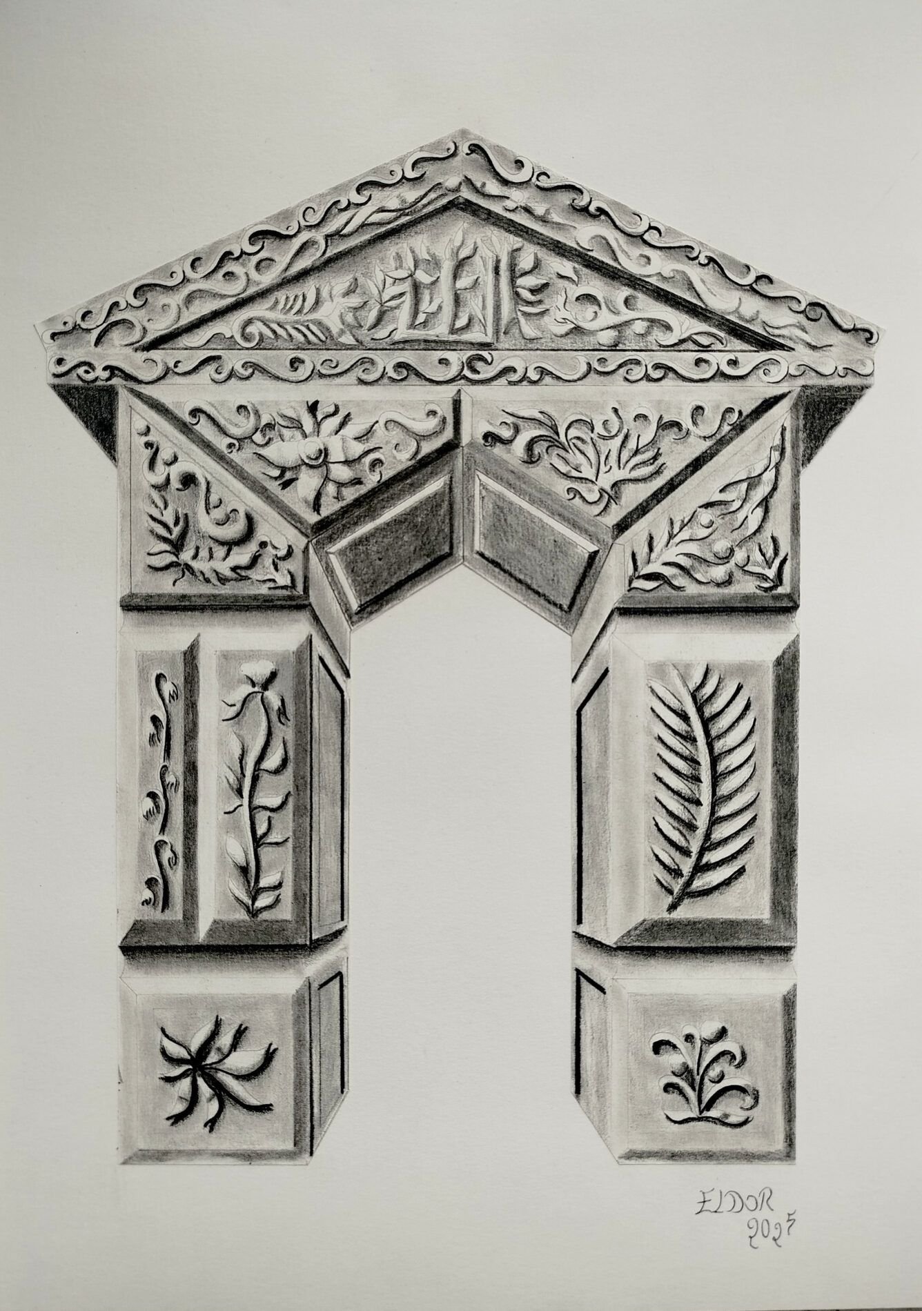 Ornate Arch – Original Pencil Drawing by Eldor Art 1 A3 pencil drawing by Eldor Art featuring an ornate architectural arch with botanical carvings. Layered for relief effect. Signed