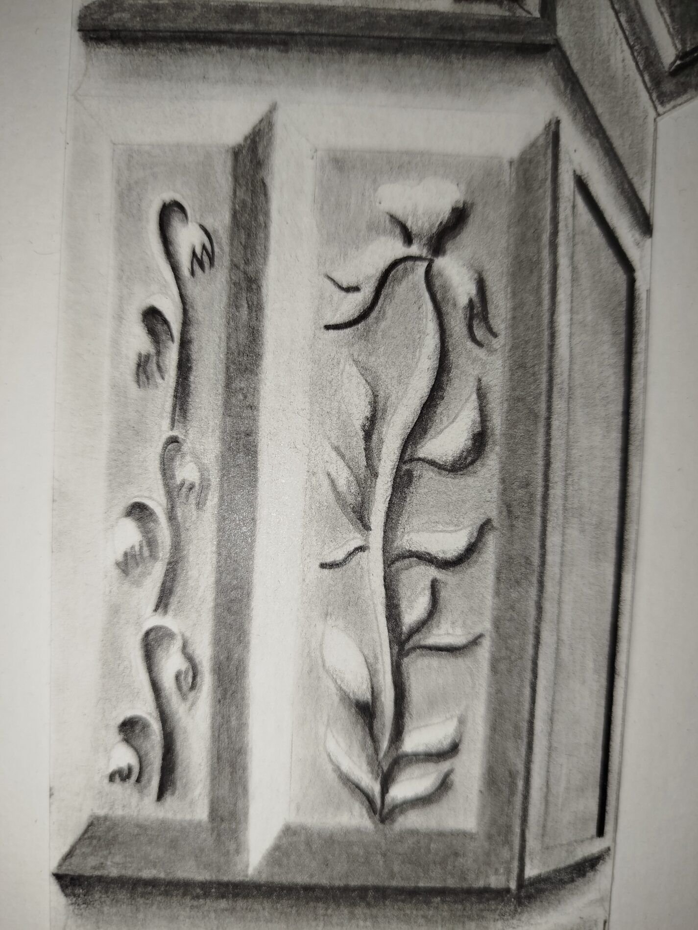 Ornate Arch – Original Pencil Drawing by Eldor Art 2 A3 pencil drawing by Eldor Art featuring an ornate architectural arch with botanical carvings. Layered for relief effect. Signed