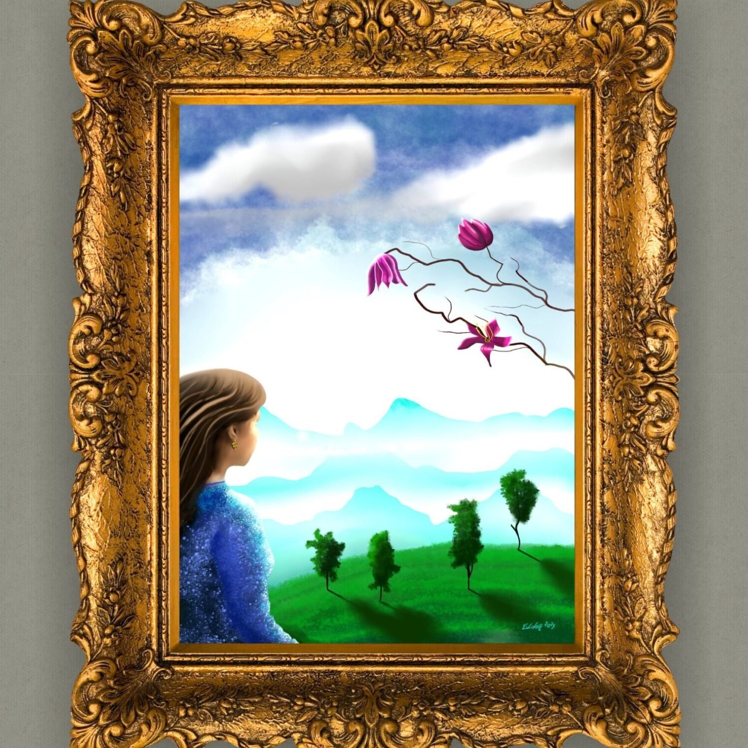 Dreamlike landscape artwork by Eldor Art – Matte print from the Eldorart collection featuring floral sky and serene mountain silhouettes