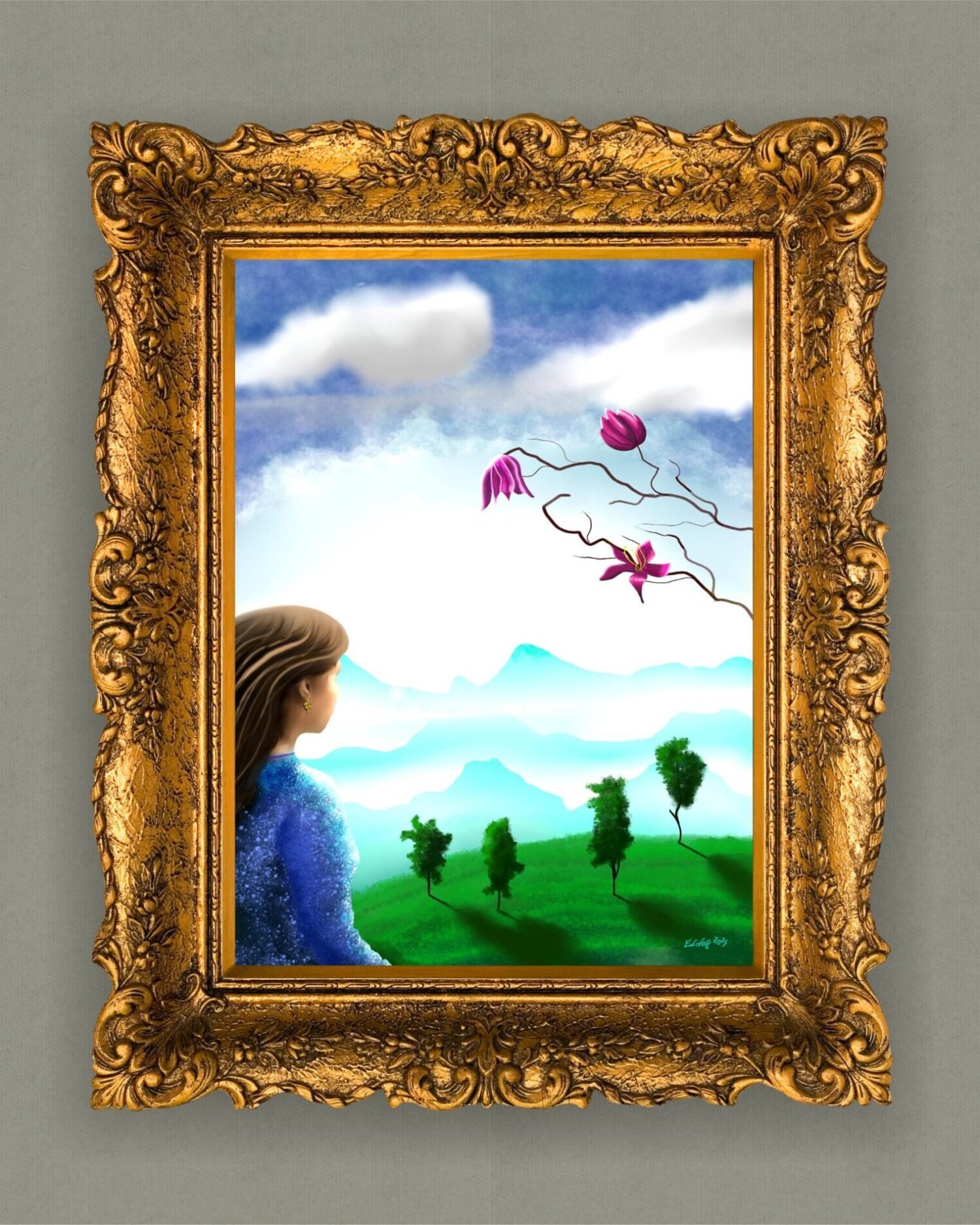 Dreamlike landscape artwork by Eldor Art – Matte print from the Eldorart collection featuring floral sky and serene mountain silhouettes