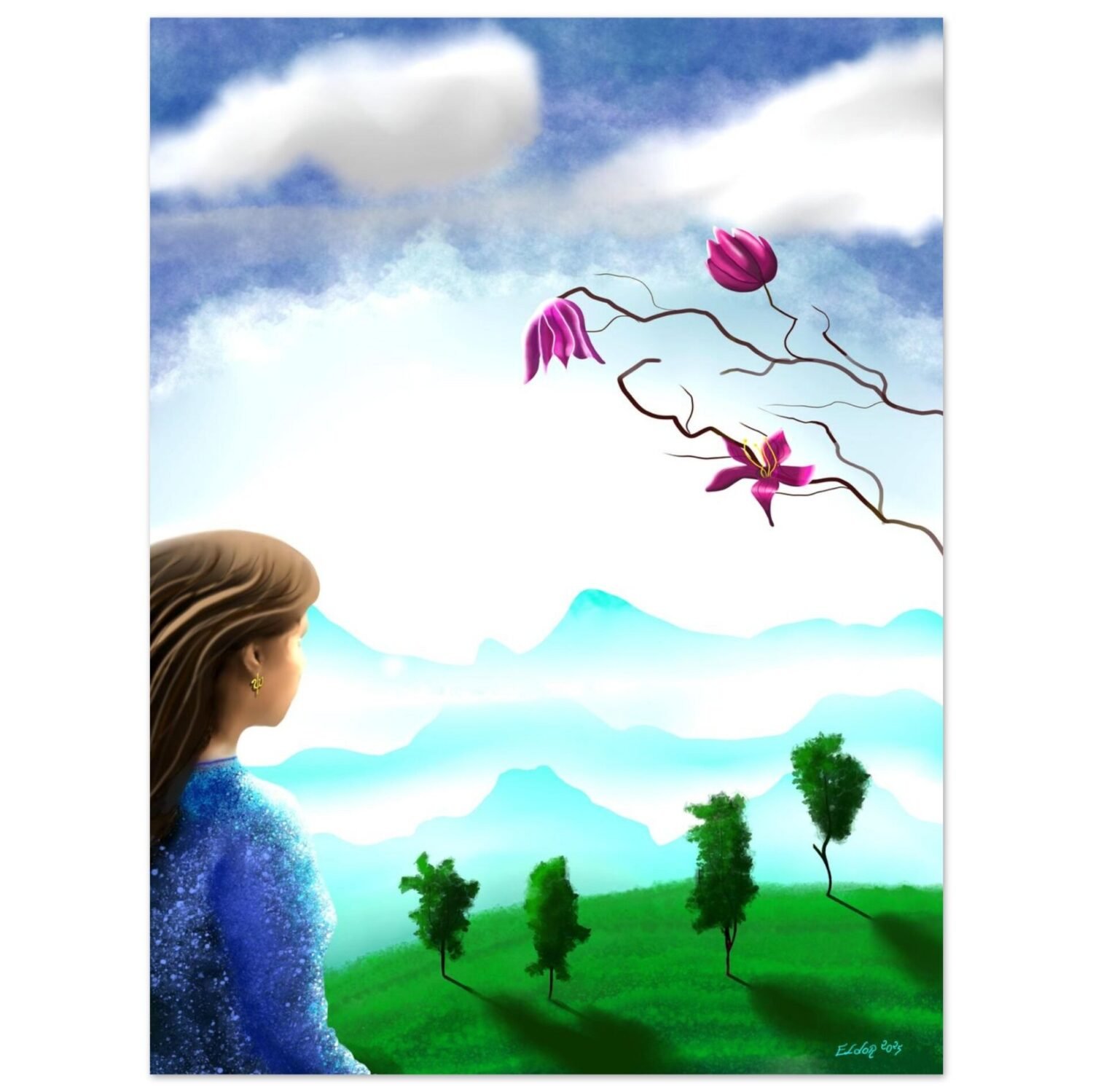 Dreamlike landscape artwork by Eldor Art – Matte print from the Eldorart collection featuring floral sky and serene mountain silhouettes