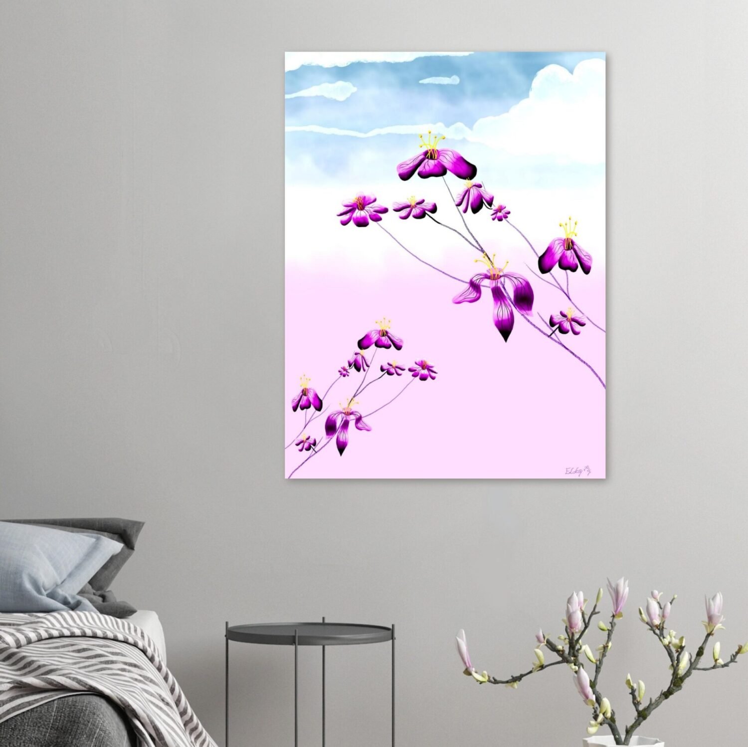 Floral digital artwork by Eldor Art – Matte print from the Eldorart collection featuring purple flowers and pastel sky