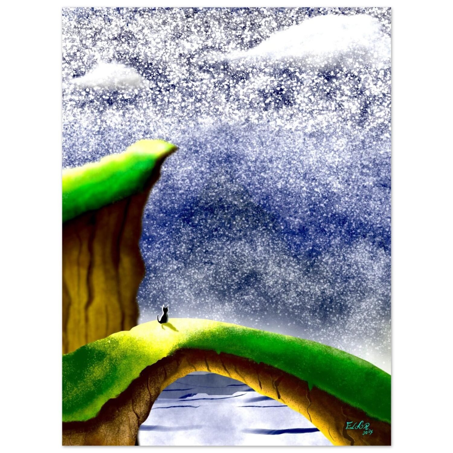 Surreal digital painting of a cat on a grassy bridge printed on matte paper by Eldor Art