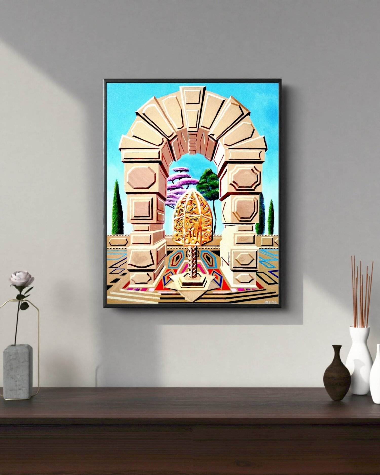 Surreal digital artwork by Eldor Art – Matte print from the Eldorart collection featuring golden sculpture and geometric arches