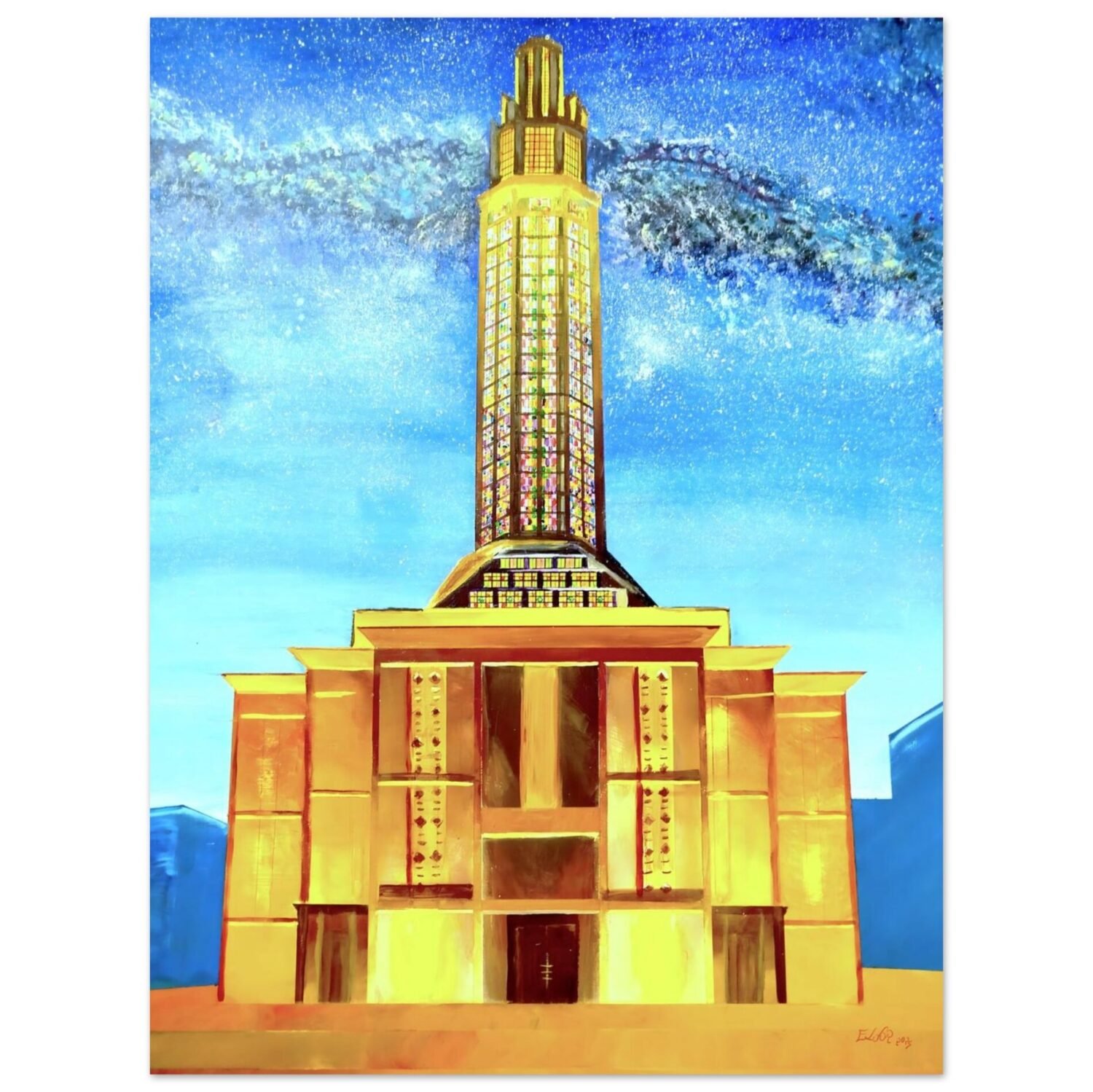 Nighttime architectural artwork by Eldor Art – Matte print from the Eldorart collection featuring Le Havre tower under a starry sky
