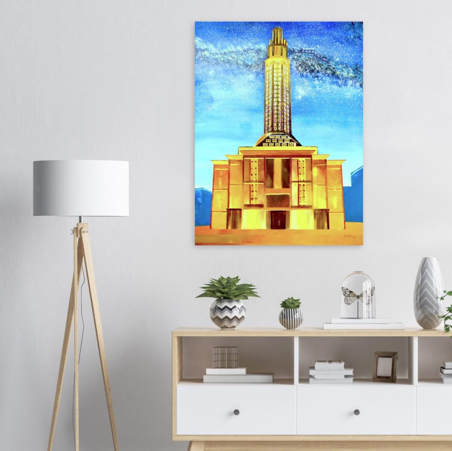 Nighttime architectural artwork by Eldor Art – Matte print from the Eldorart collection featuring Le Havre tower under a starry sky