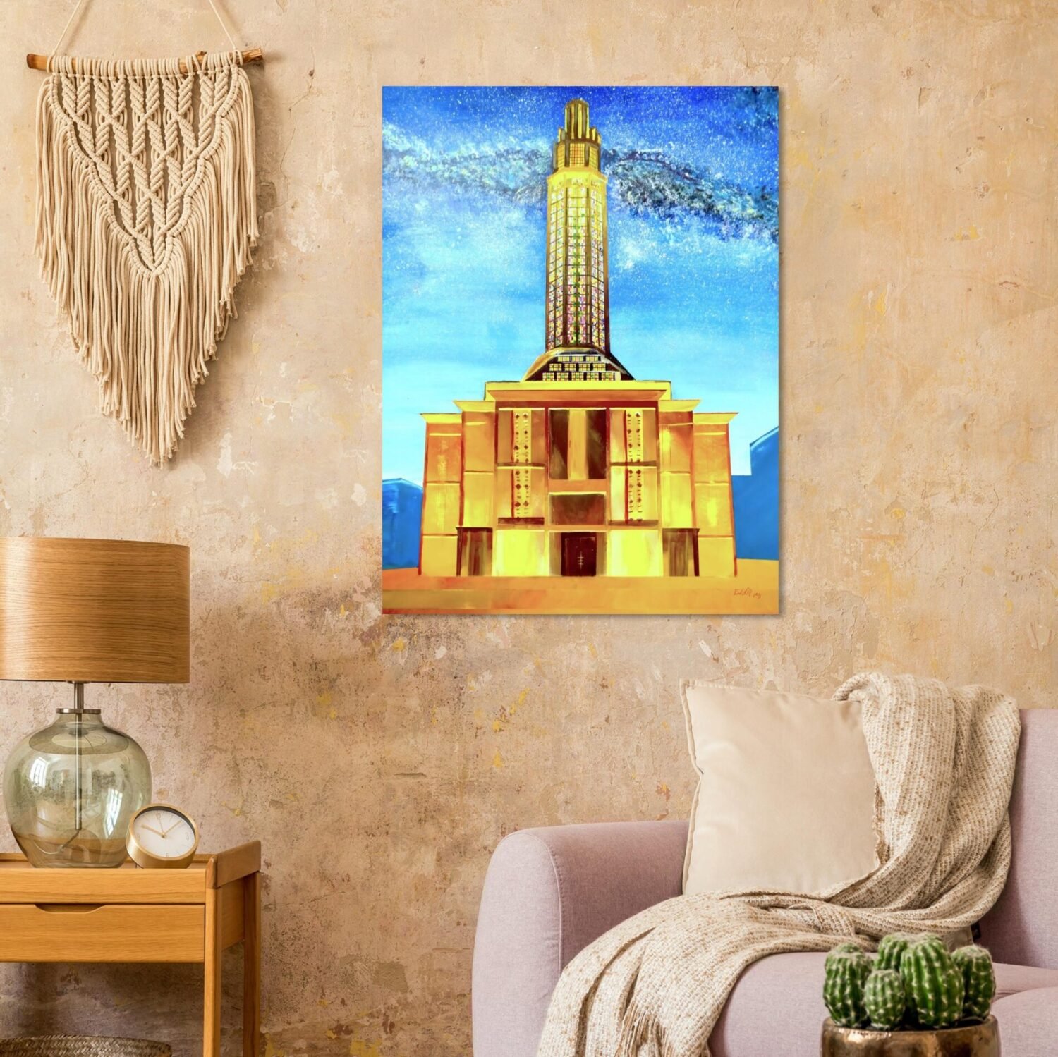 Nighttime architectural artwork by Eldor Art – Matte print from the Eldorart collection featuring Le Havre tower under a starry sky