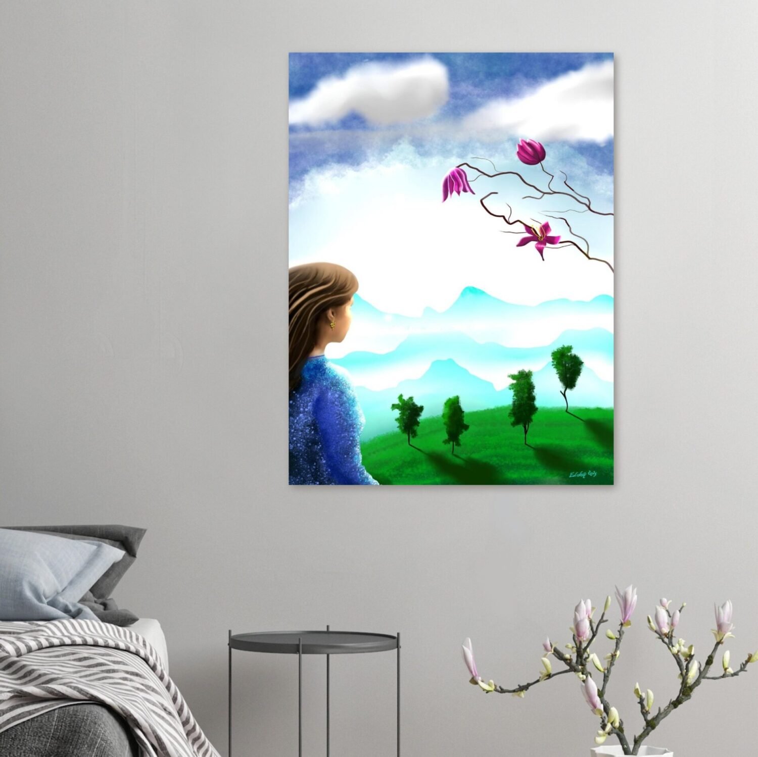 Dreamlike landscape artwork by Eldor Art – Matte print from the Eldorart collection featuring floral sky and serene mountain silhouettes