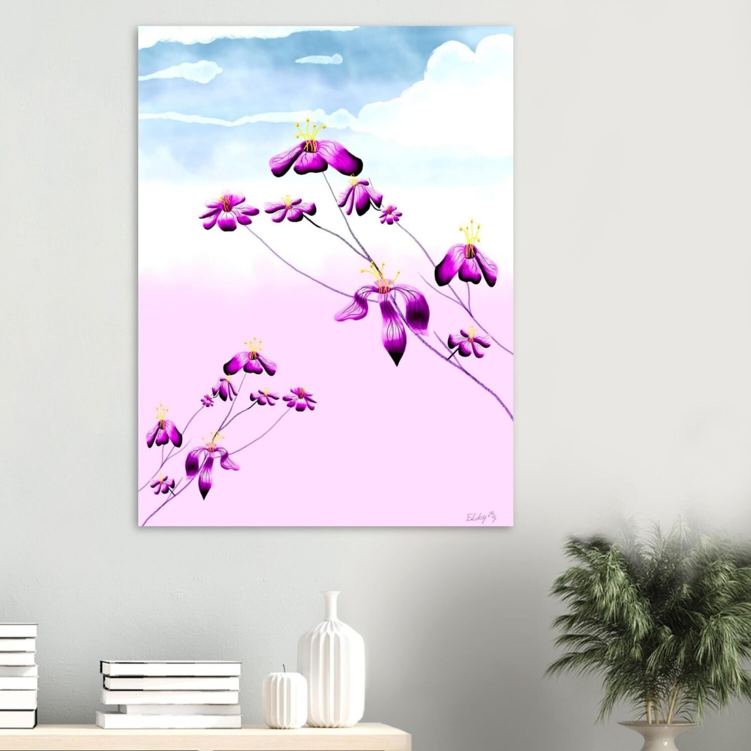 Floral digital artwork by Eldor Art – Matte print from the Eldorart collection featuring purple flowers and pastel sky