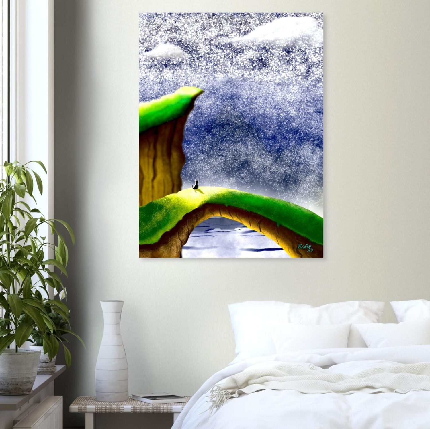 Surreal digital painting of a cat on a grassy bridge printed on matte paper by Eldor Art