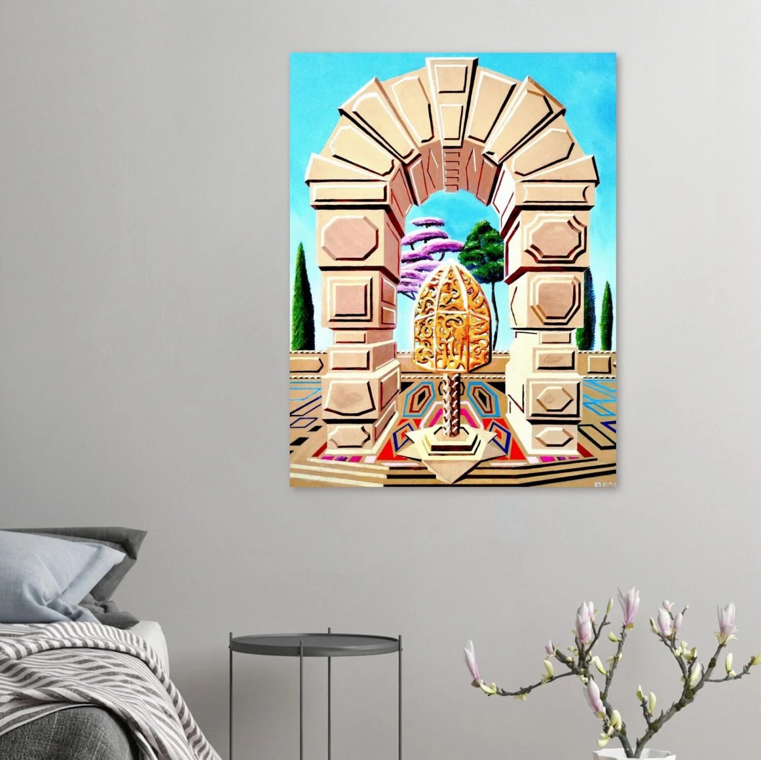 Surreal digital artwork by Eldor Art – Matte print from the Eldorart collection featuring golden sculpture and geometric arches