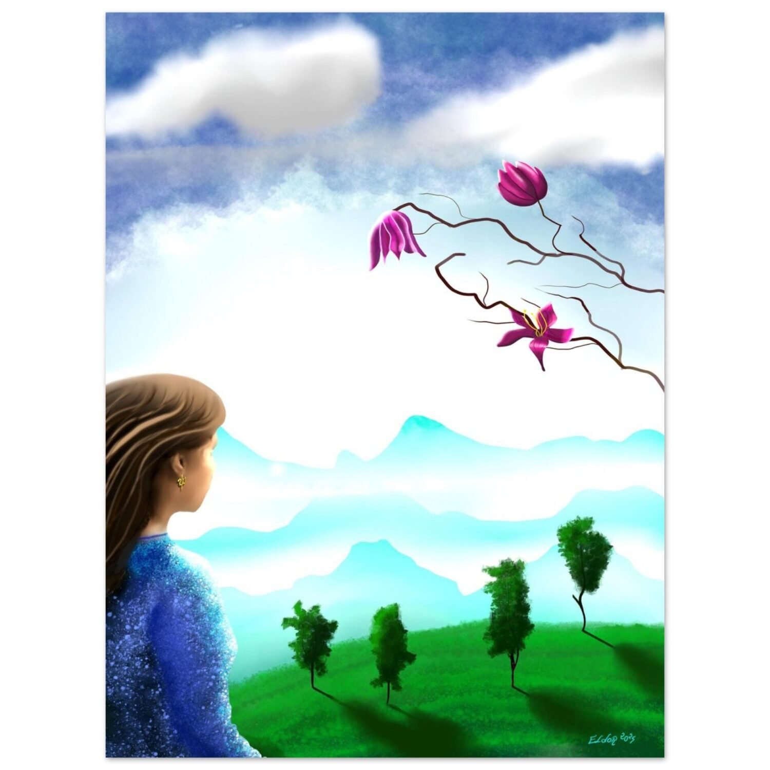 Dreamlike landscape artwork by Eldor Art – Matte print from the Eldorart collection featuring floral sky and serene mountain silhouettes