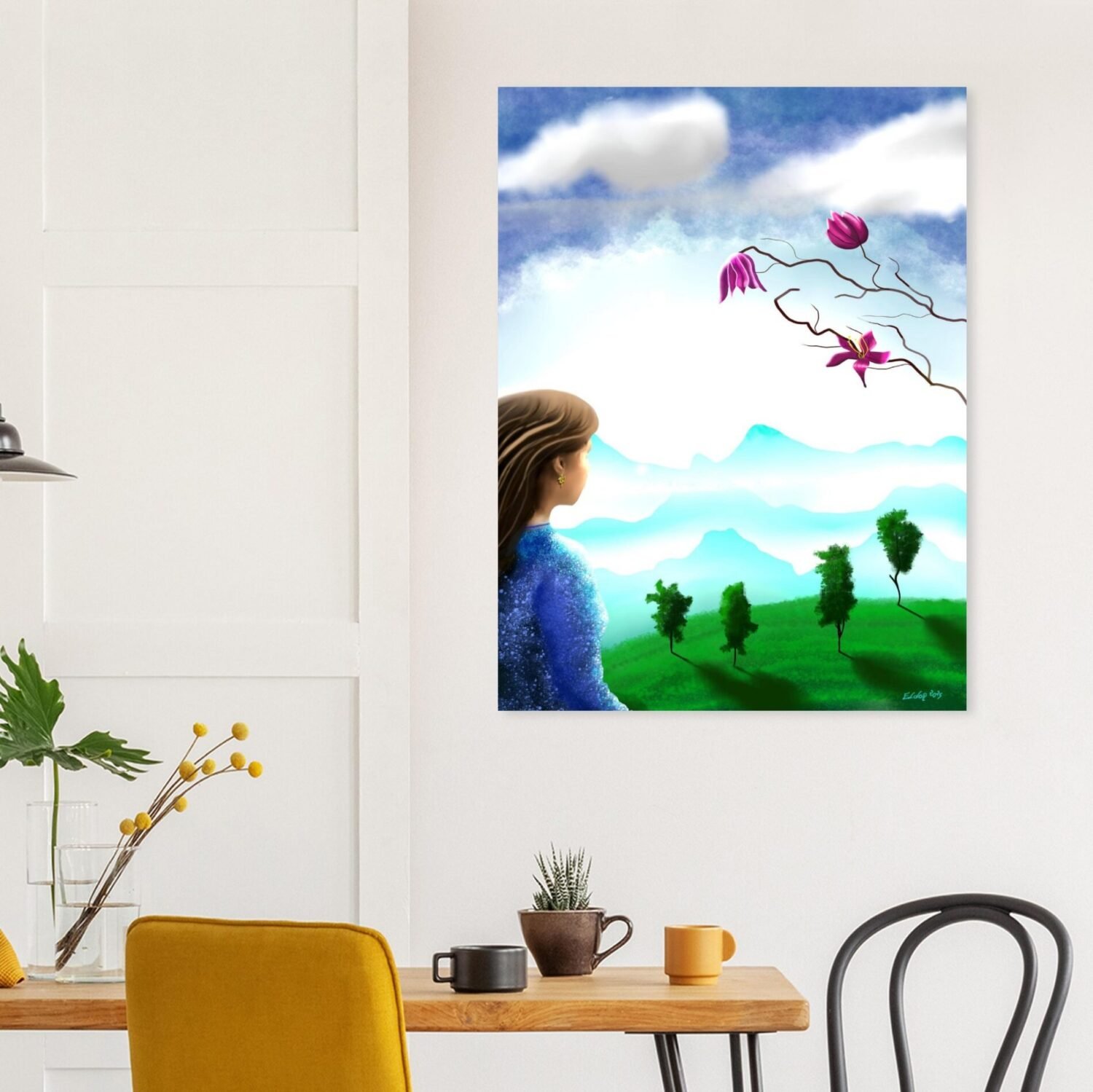 Dreamlike landscape artwork by Eldor Art – Matte print from the Eldorart collection featuring floral sky and serene mountain silhouettes