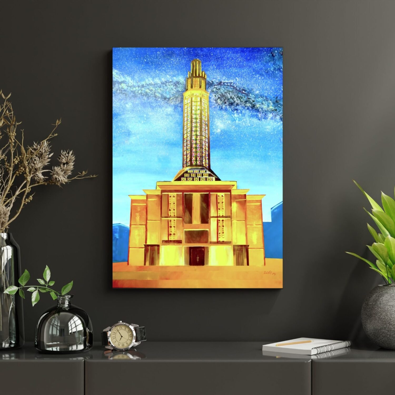 Nighttime architectural artwork by Eldor Art – Matte print from the Eldorart collection featuring Le Havre tower under a starry sky