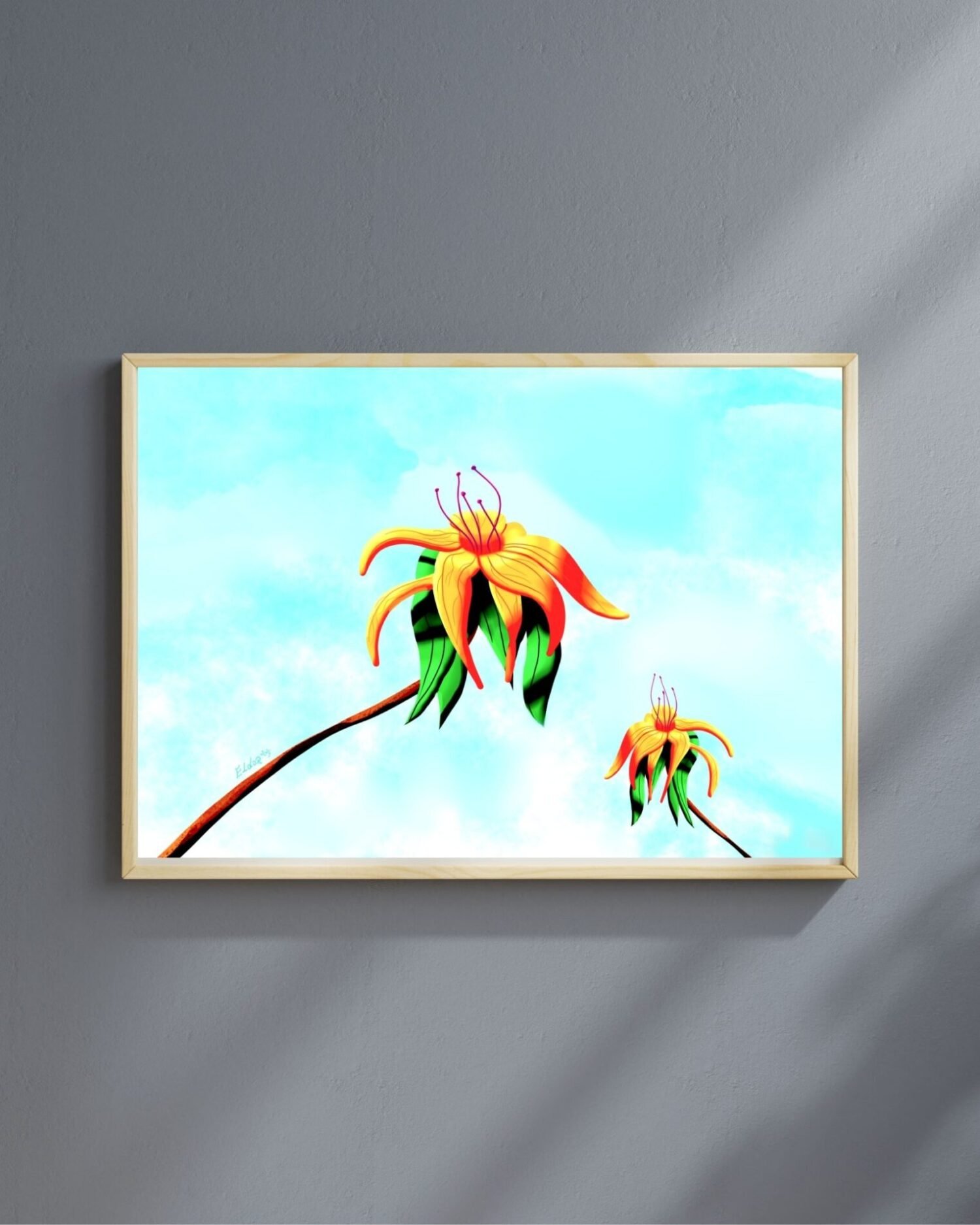 Floral digital artwork by Eldor Art – Matte print from the Eldorart collection featuring skyward lilies and pastel skies
