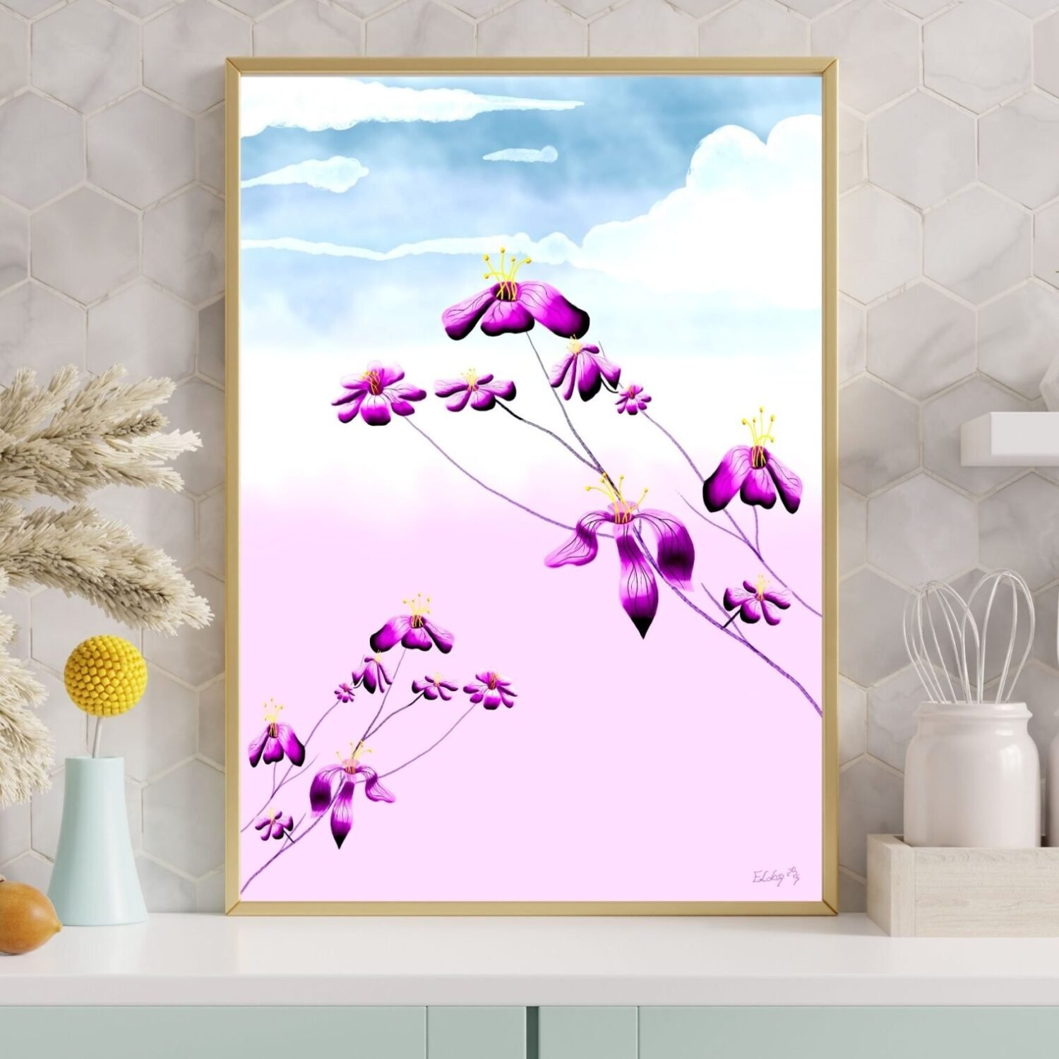 Floral digital artwork by Eldor Art – Matte print from the Eldorart collection featuring purple flowers and pastel sky