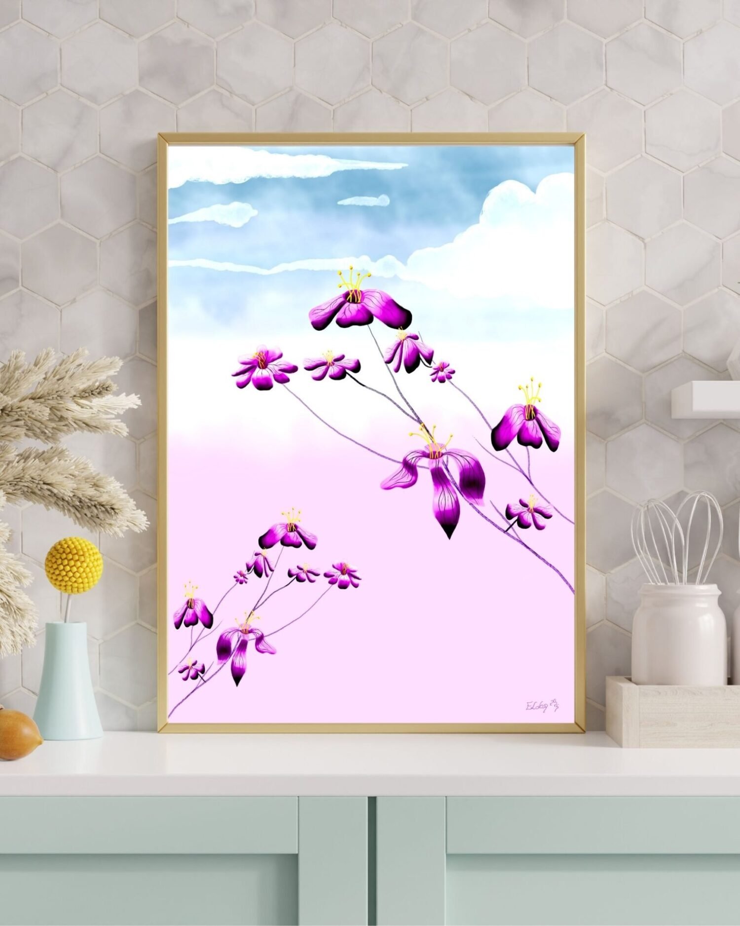 Floral digital artwork by Eldor Art – Matte print from the Eldorart collection featuring purple flowers and pastel sky