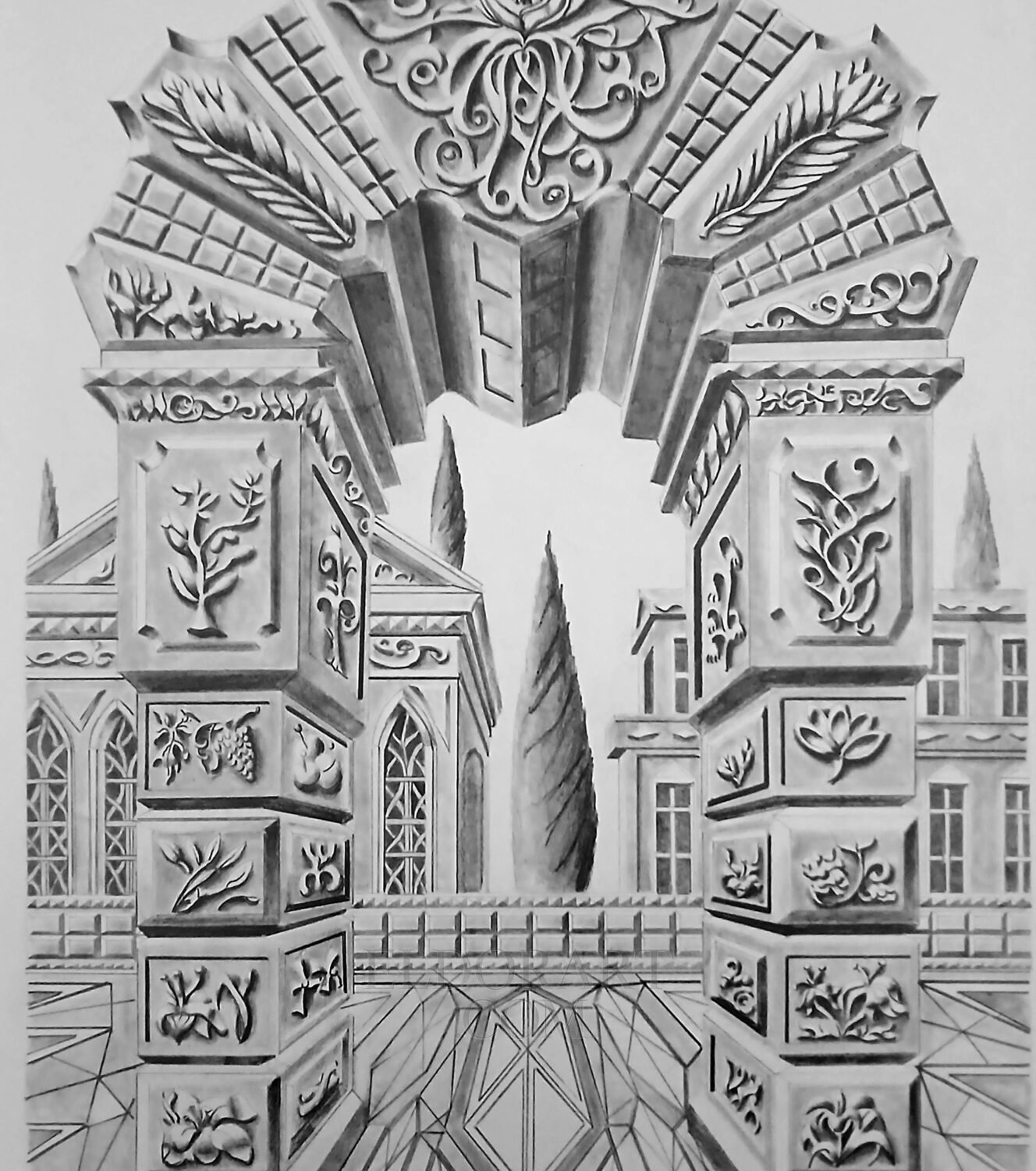 ​Original graphite pencil drawing of intricate classical architecture by Eldor Art Eldorart on A3 Bristol paper.