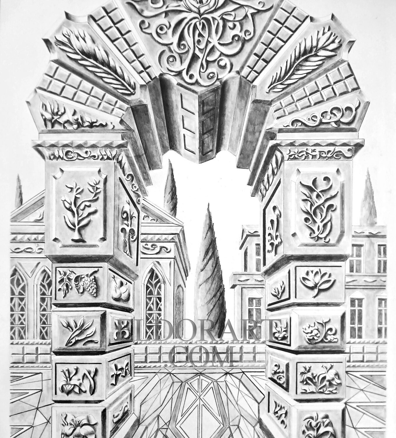 Original graphite pencil drawing of intricate classical architecture by Eldor Art Eldorart on A3 Bristol paper.