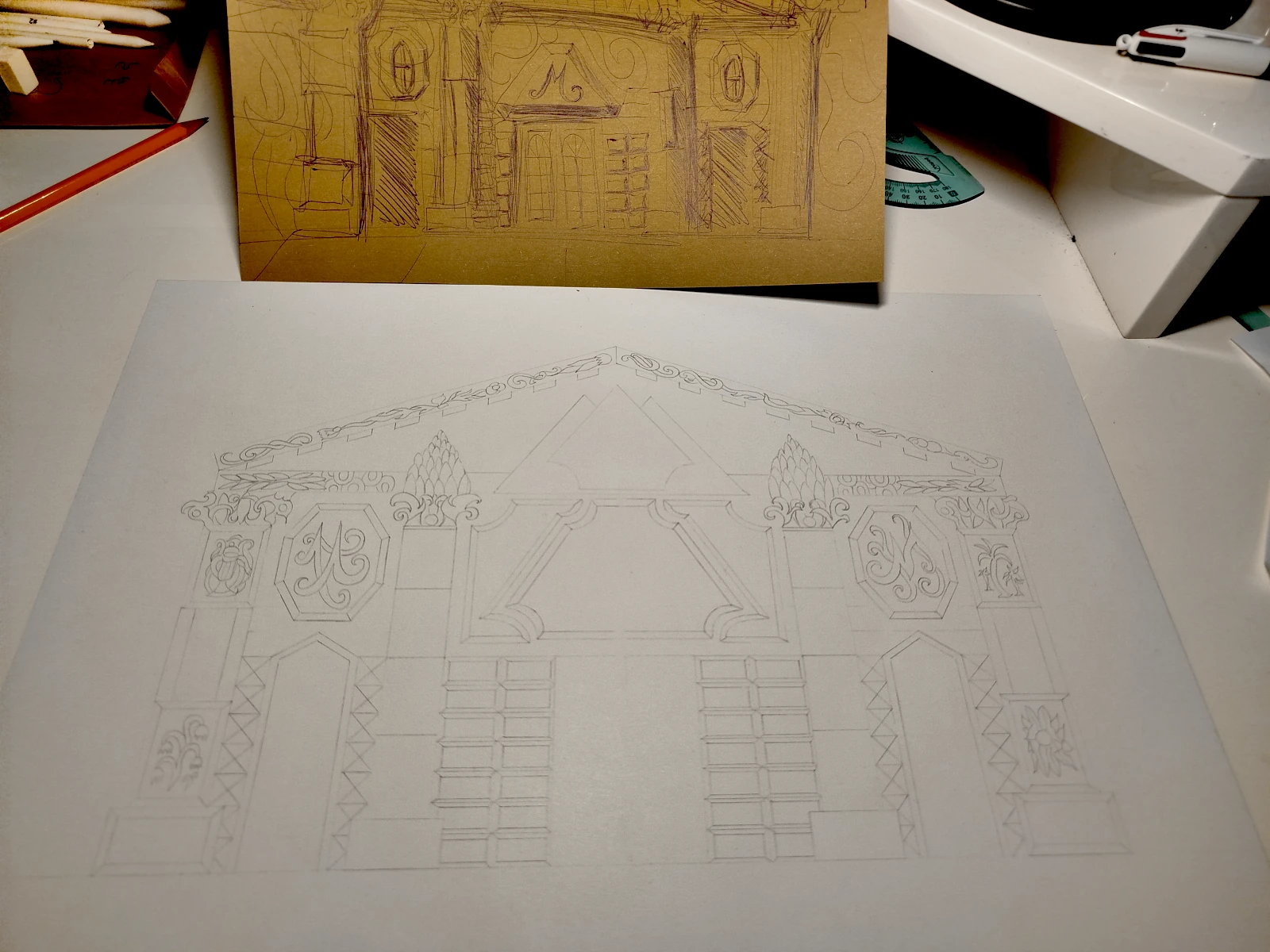 Digital sketch by Eldor Art showing an architectural concept in progress, blending symbolic structure and poetic geometry