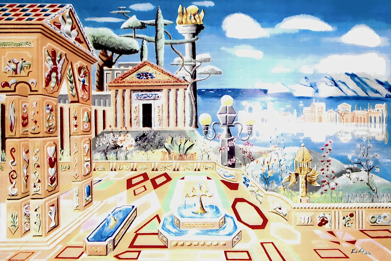 Mural painting by Eldor Art titled The Fountain of Youth, blending oil and acrylic on plaster. A 3m x 2.1m classroom artwork evoking poetic architecture and symbolic renewal.