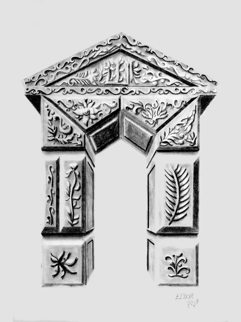 Hand-drawn pencil artwork by Eldor Art, created entirely without AI. “Ornate Arch” features a symmetrical architectural structure rendered with delicate lines and intricate motifs. The composition evokes timeless elegance and sacred geometry, capturing the essence of craftsmanship and poetic vision on paper.