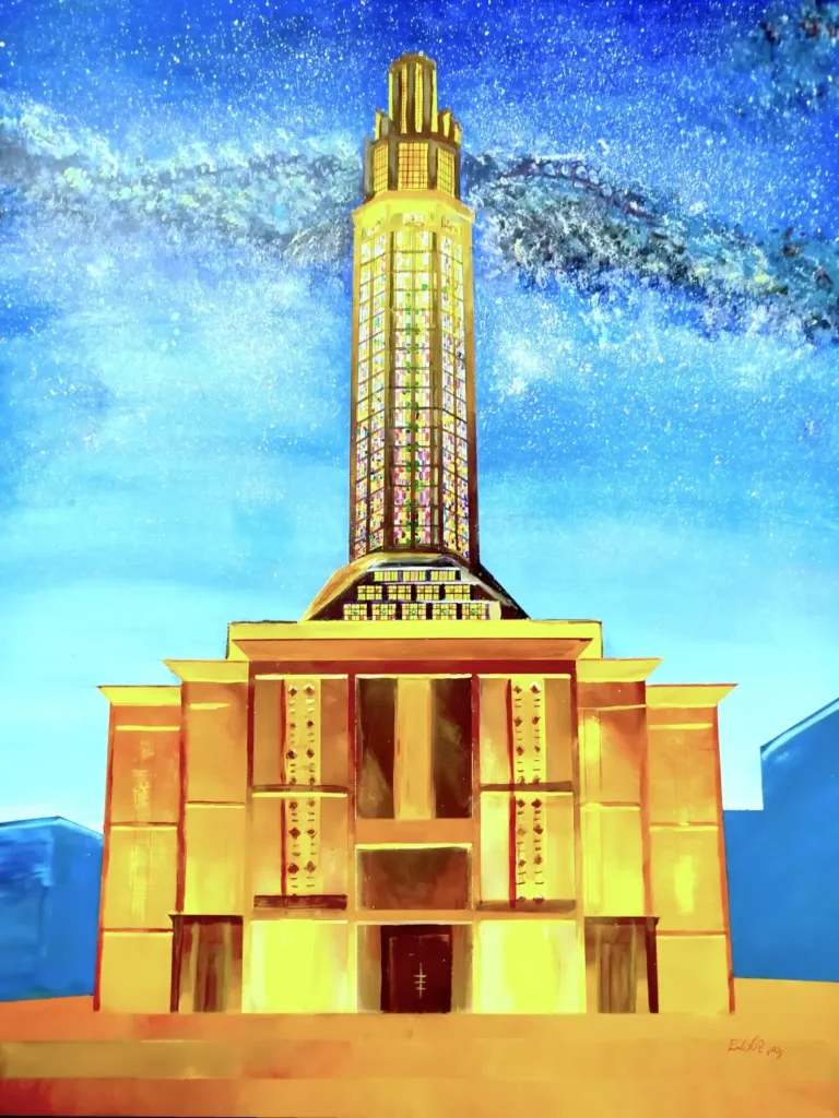 Acrylic painting on wood panel by Eldor Art, created entirely without AI. “Le Havre Night Tower” pays tribute to the iconic monument of Le Havre, rendered in deep nocturnal tones and radiant highlights. The composition evokes urban solitude and architectural reverence, blending local heritage with poetic atmosphere.