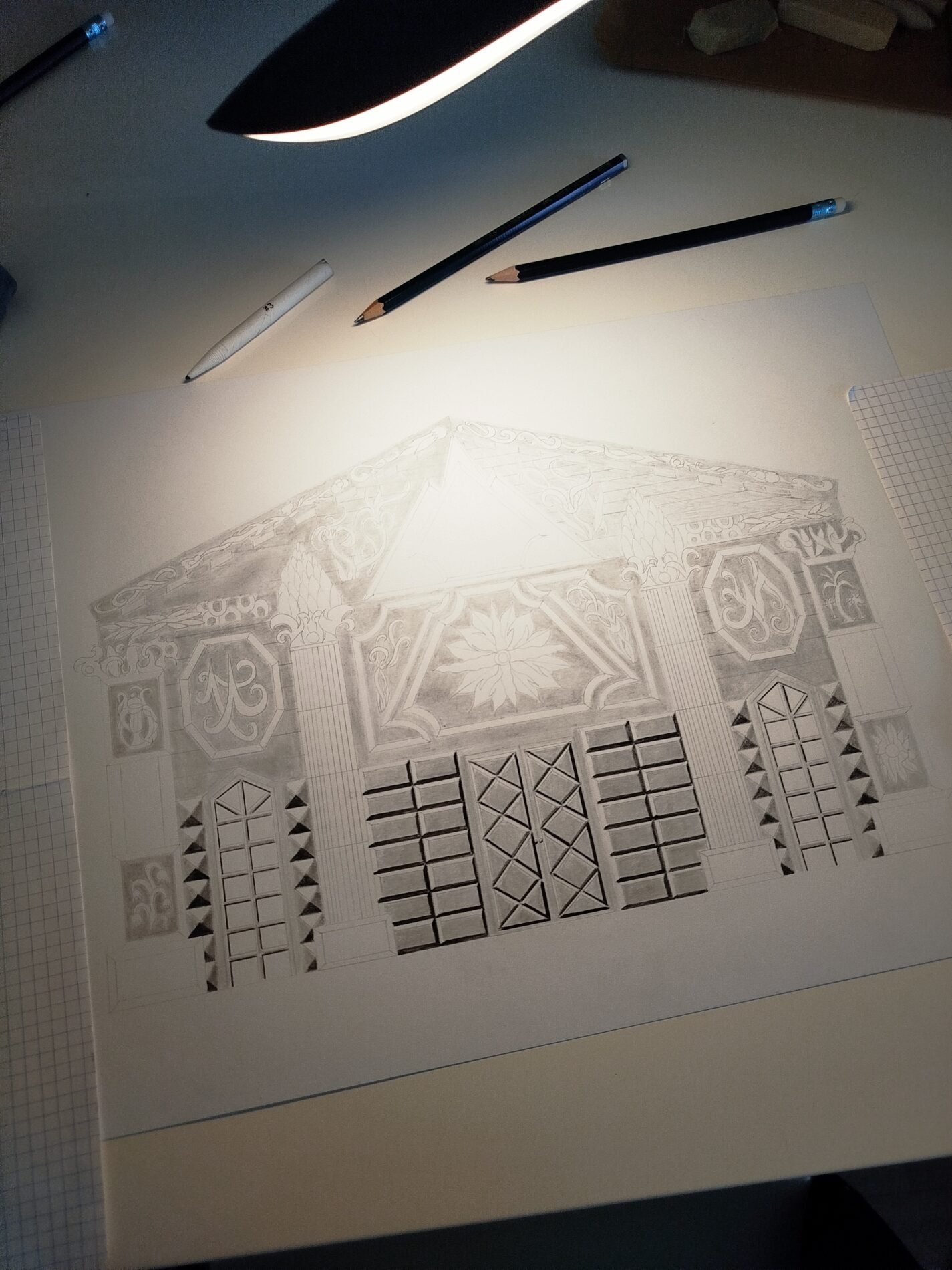 Pencil drawing of a Renaissance-style architectural facade with columns, arches, and ornamental details by Eldor Art.