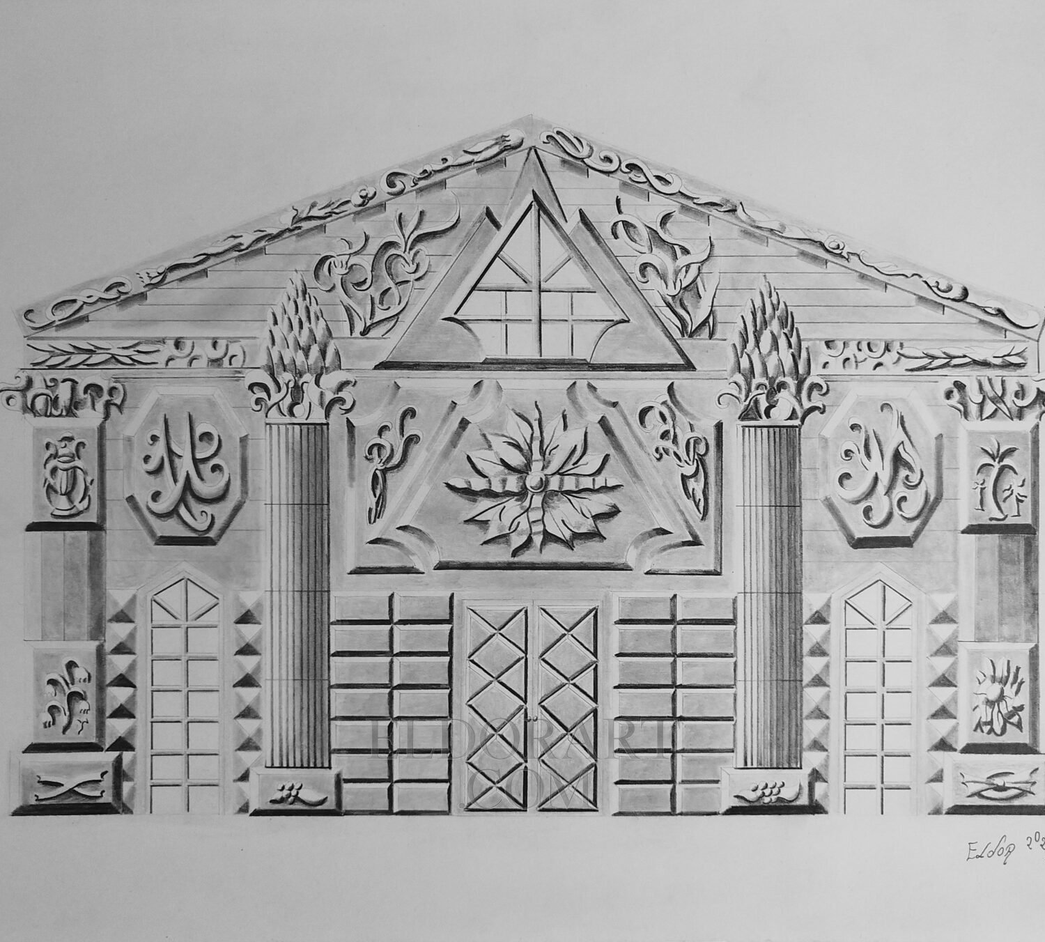 Hand-drawn architectural facade with classical columns and ornate details – Eldor Art