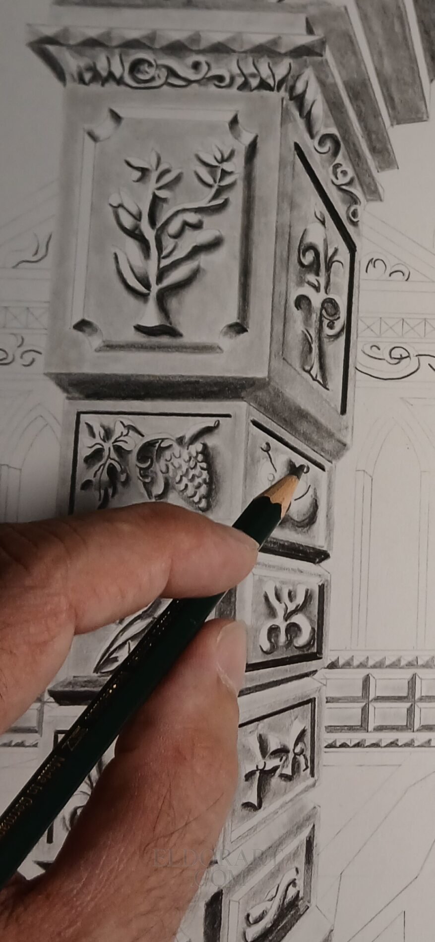 ​Original graphite pencil drawing of intricate classical architecture by Eldor Art Eldorart on A3 Bristol paper.