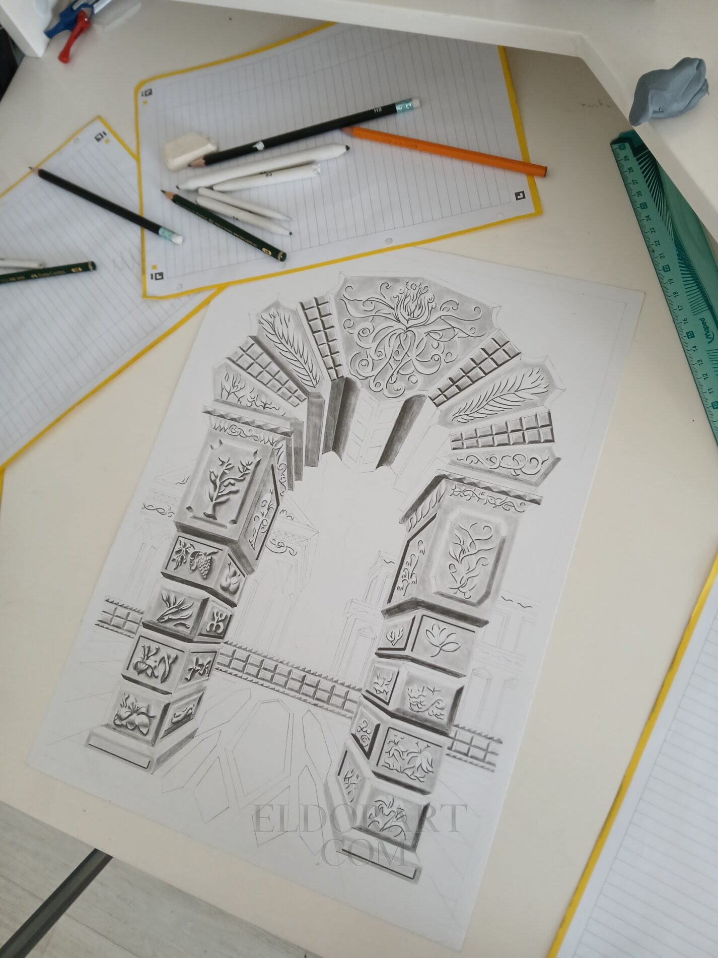 ​Original graphite pencil drawing of intricate classical architecture by Eldor Art Eldorart on A3 Bristol paper.