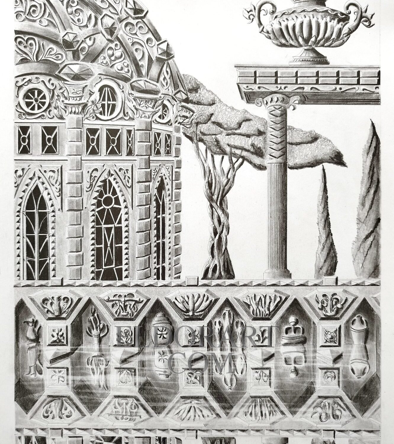 Complete handmade pencil drawing by Eldor Art depicting the legendary Al-Arim Dam and its ancient Sabaean watchtower on Bristol paper.