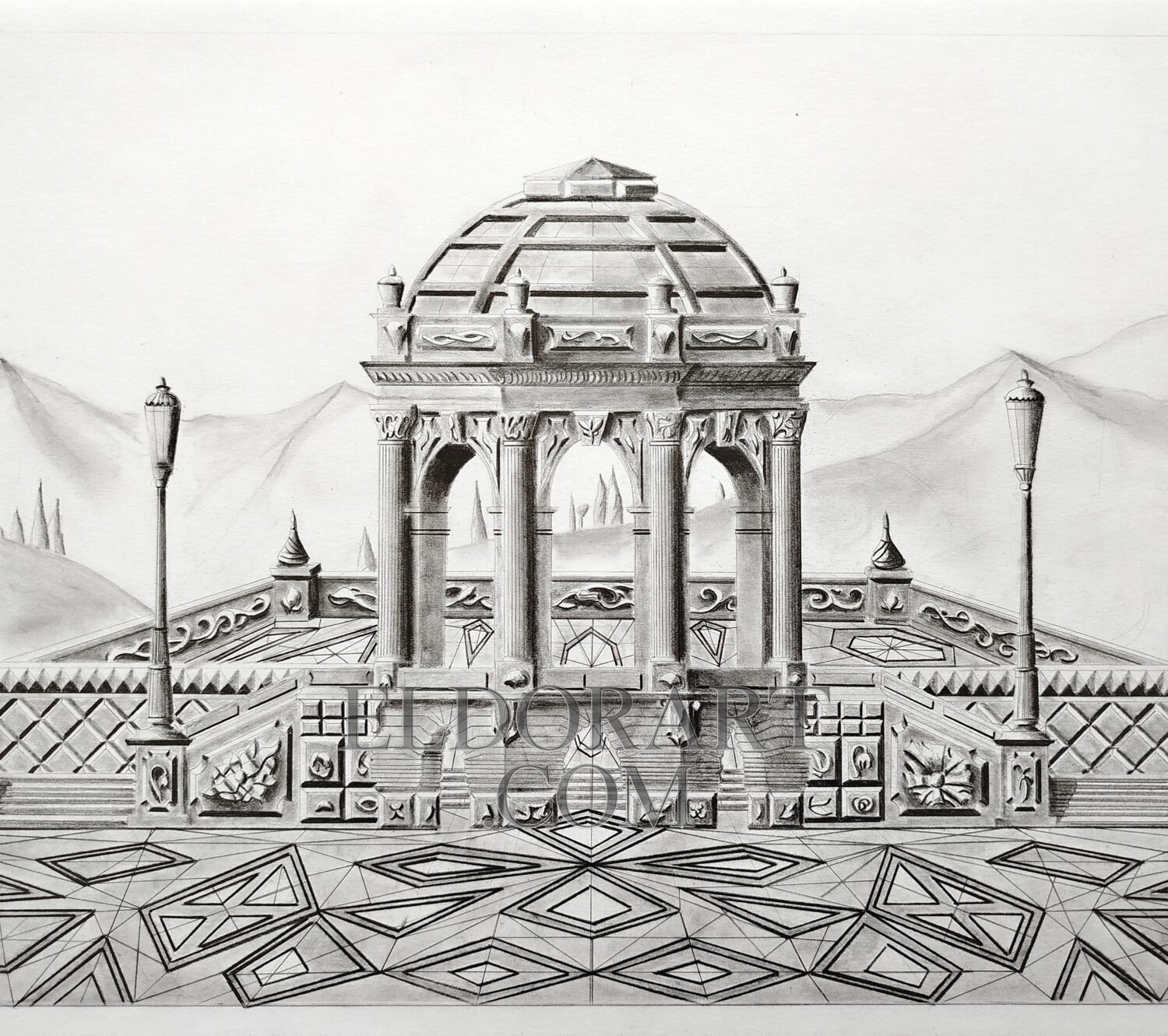 A highly detailed, complete hand-drawn graphite pencil perspective of The Belvedere of Syrabis by Eldor Art, executed on 180g Bristol paper. This symmetrical view presents the ornate multi-arched belvedere building with its decorative dome, set upon a raised terrace. The composition includes steps, four classical lamp posts, and complex geometric floor tiling, overlooking a distant, softly shaded mountain landscape. The artist’s signature is visible in the lower right.