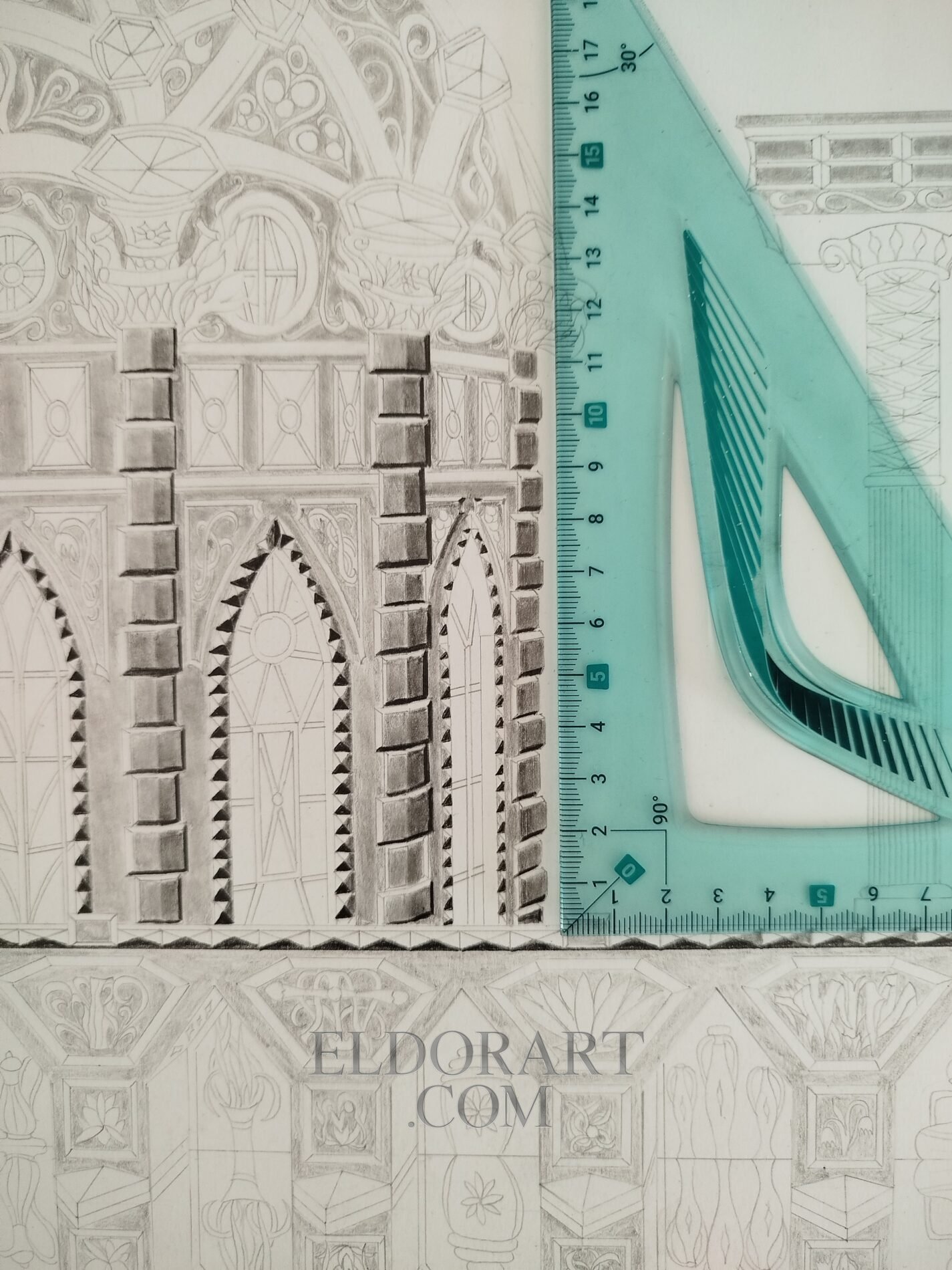 The Al-Arim Dam and Its Watchtower – Eldor Art 6 Work-in-progress shot of 'The Al-Harim Dam and Its Watchtower' graphite drawing on A3 Bristol paper by Eldor Art. A green set square ruler and drafting pencils rest over the detailed architectural sketch of gothic windows and relief panels.
