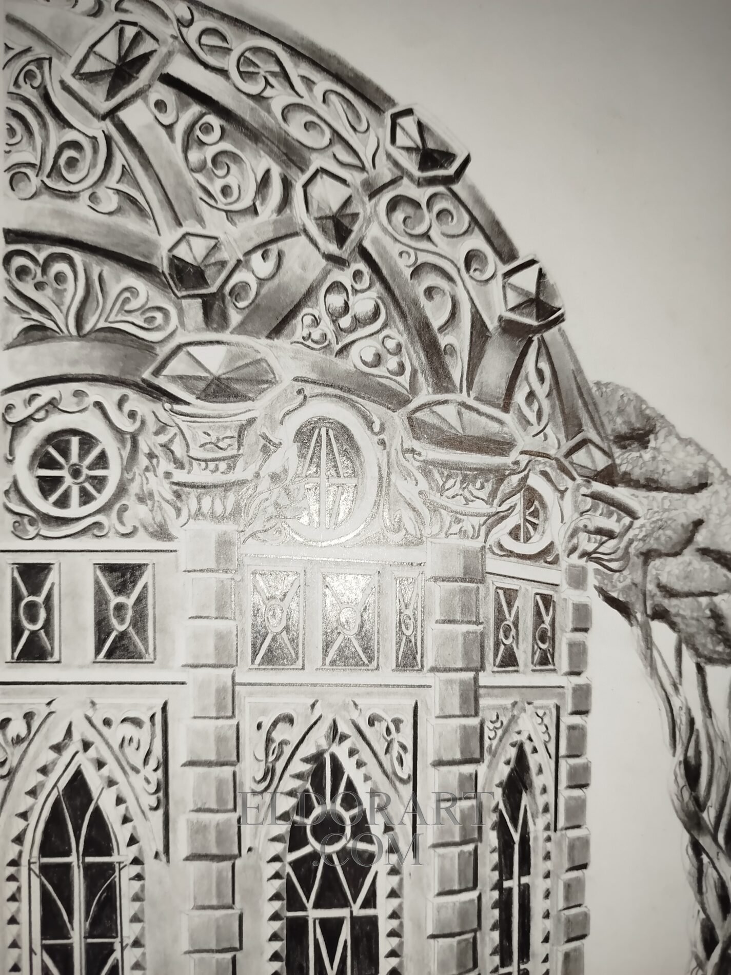 The Al-Arim Dam and Its Watchtower – Eldor Art 5 Detailed close-up photograph of a hand-drawn graphite pencil artwork on A3 Bristol paper, capturing the intricate ornate dome and the detailed gothic arched windows of the Al-Harim Dam watchtower by Eldor Art. The drawing shows detailed relief work and the artist's signature 'ELDOR 2026'.