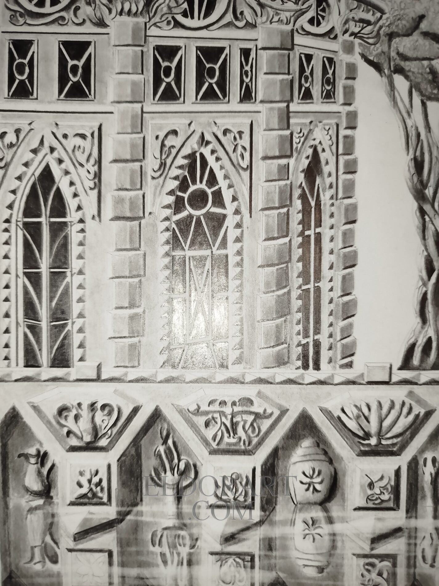 The Al-Arim Dam and Its Watchtower – Eldor Art 4 Close-up of a hand-drawn graphite pencil drawing on A3 Bristol paper by Eldor Art. The detailed artwork depicts the ornate facade of 'The Al-Harim Dam and Its Watchtower', featuring gothic arched windows, intricate relief panels with classical motifs like urns and stylized plants, and a partial view of a large tree. A subtle 'ELDORART.COM' watermark is present. The drawing is shown as a file details screenshot on a mobile device.