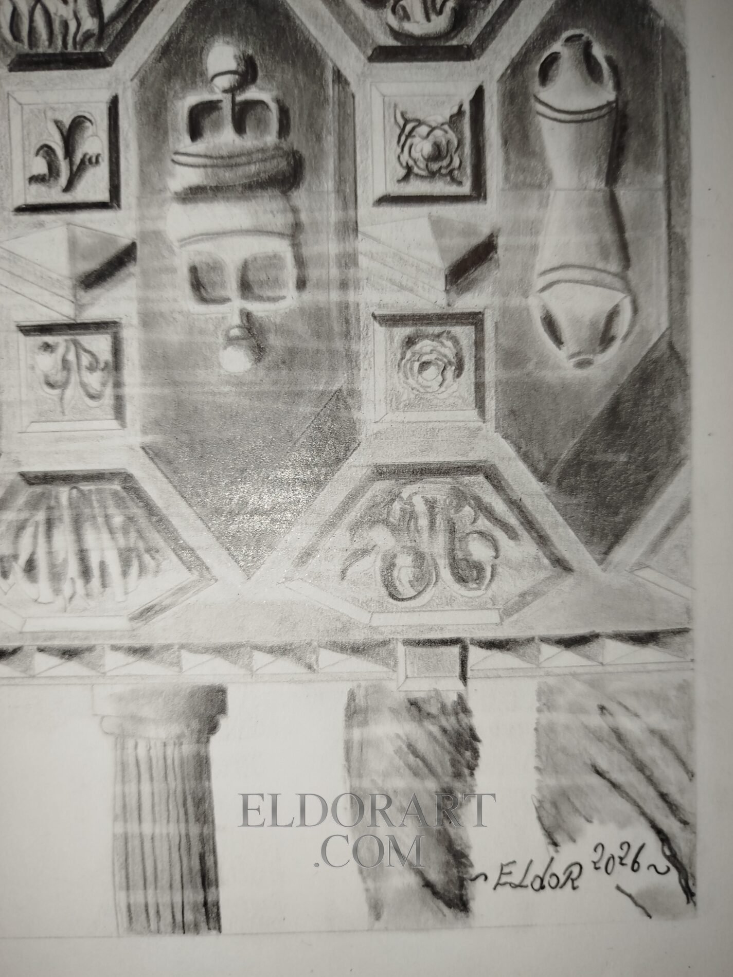 The Al-Arim Dam and Its Watchtower – Eldor Art 3 Close-up photograph of ornate octagonal relief panels, part of the 'Al-Harim Dam and Its Watchtower' graphite pencil drawing series by Eldor Art, on A3 Bristol paper.