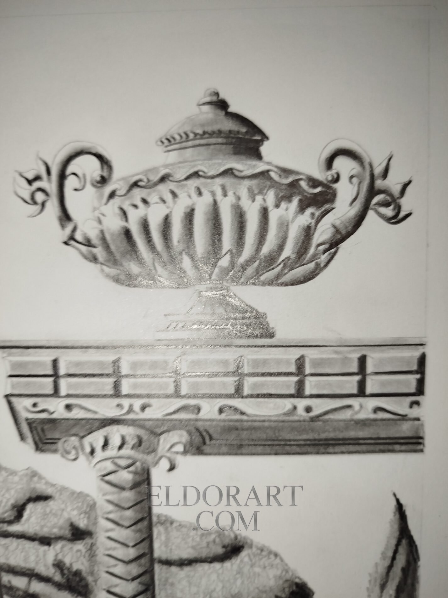 The Al-Arim Dam and Its Watchtower – Eldor Art 2 Close-up pencil drawing on A3 Bristol paper showing an ornate classical urn resting on a decorated pillar, a detailed section of The Al-Harim Dam and Its Watchtower drawing by Eldor Art.
