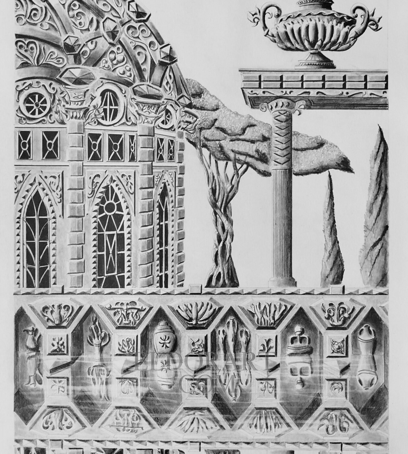 Detailed graphite pencil drawing on A3 Bristol paper of The Al-Harim Dam and Its Watchtower by Eldor Art, depicting an ornate domed watchtower with gothic arched windows, relief wall panels, and a classical column topped with an urn.