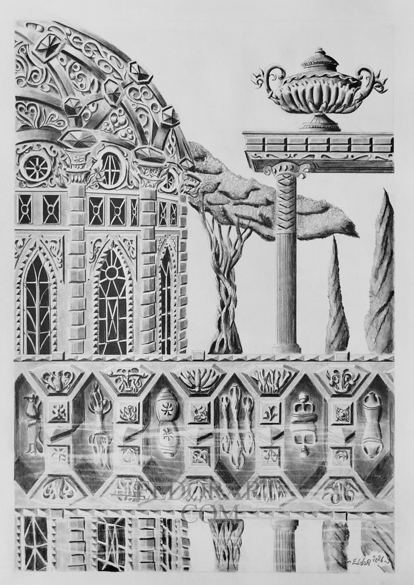 The Al-Arim Dam and Its Watchtower – Eldor Art 1 Detailed graphite pencil drawing on A3 Bristol paper of The Al-Harim Dam and Its Watchtower by Eldor Art, depicting an ornate domed watchtower with gothic arched windows, relief wall panels, and a classical column topped with an urn.