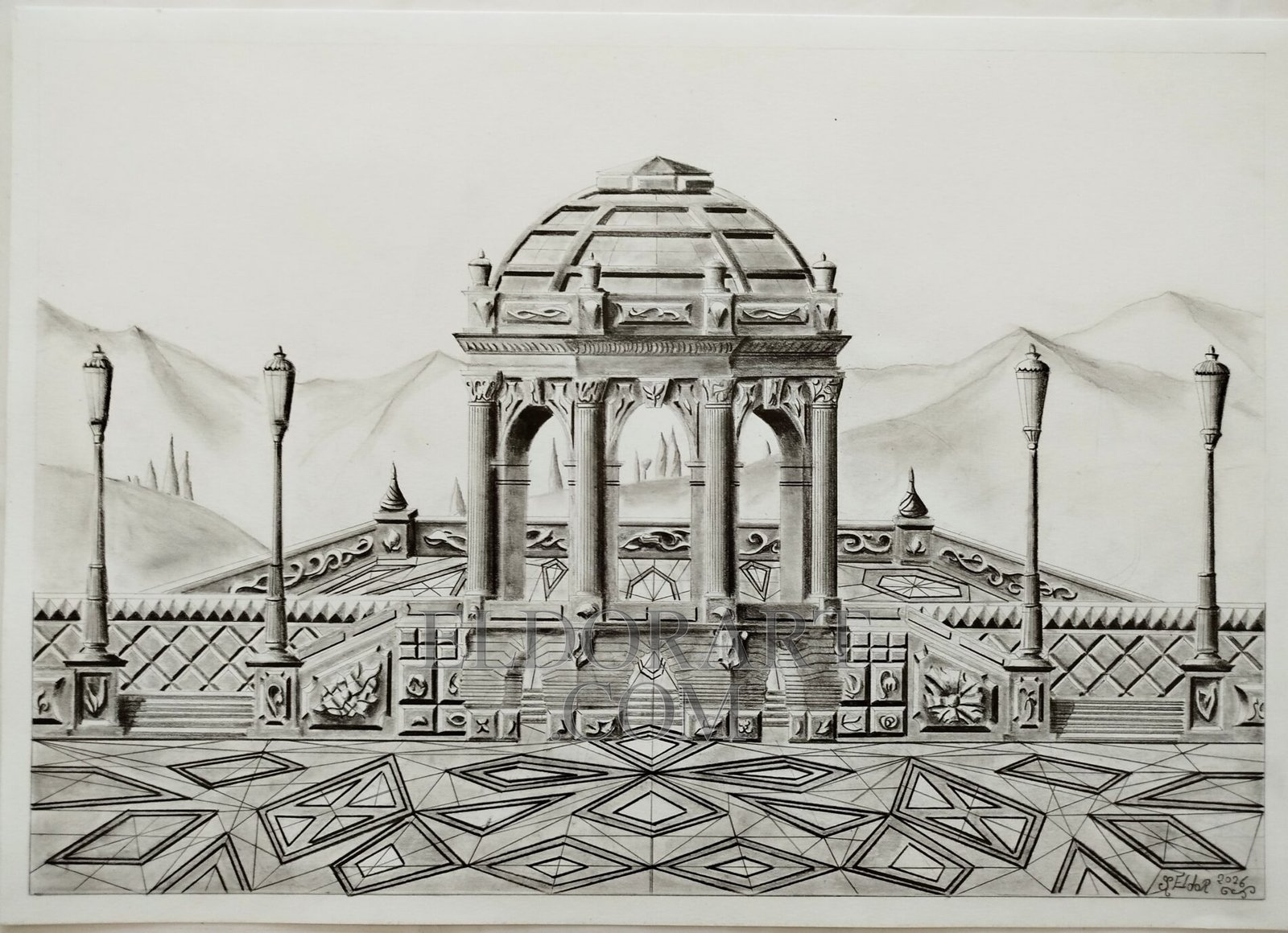 The Belvedere of Syrabis: Complete Graphite Artwork by Eldor Art A full, detailed graphite pencil drawing on 180g Bristol paper depicting the complete structure of 'The Belvedere of Syrabis', showcasing its intricate dome, ornate balustrades, and geometric floor, created by Eldor Art.