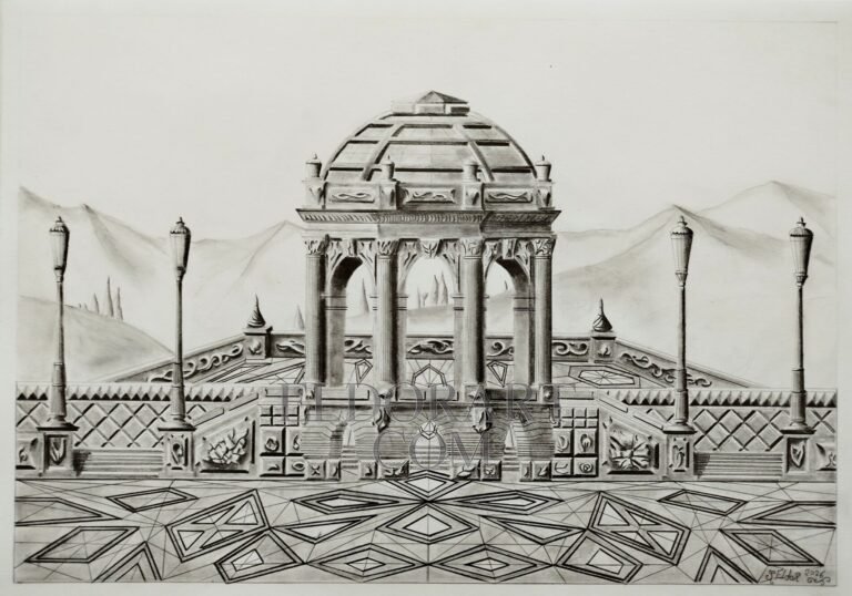 A highly detailed, complete hand-drawn graphite pencil perspective of The Belvedere of Syrabis by Eldor Art, executed on 180g Bristol paper. This symmetrical view presents the ornate multi-arched belvedere building with its decorative dome, set upon a raised terrace. The composition includes steps, four classical lamp posts, and complex geometric floor tiling, overlooking a distant, softly shaded mountain landscape. The artist’s signature is visible in the lower right.